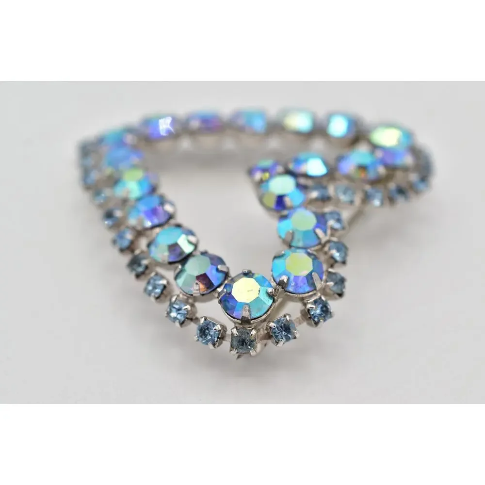 Vintage Crystal Heart Pin Brooch Blue Aurora Borealis Prong Rhinestone 60s BinBI